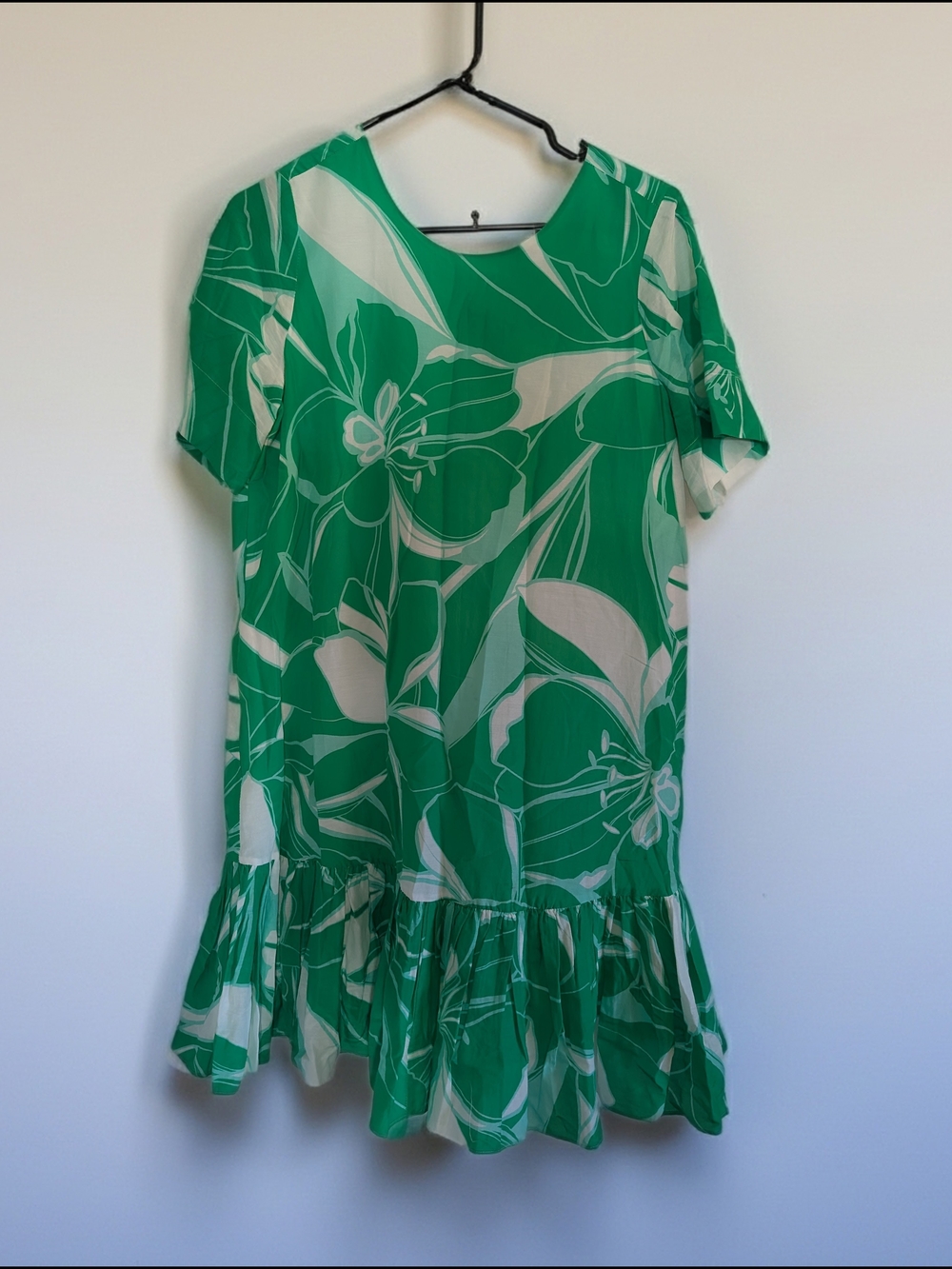 Milly Green and White Floral Ruffle-Hem Mini Dress